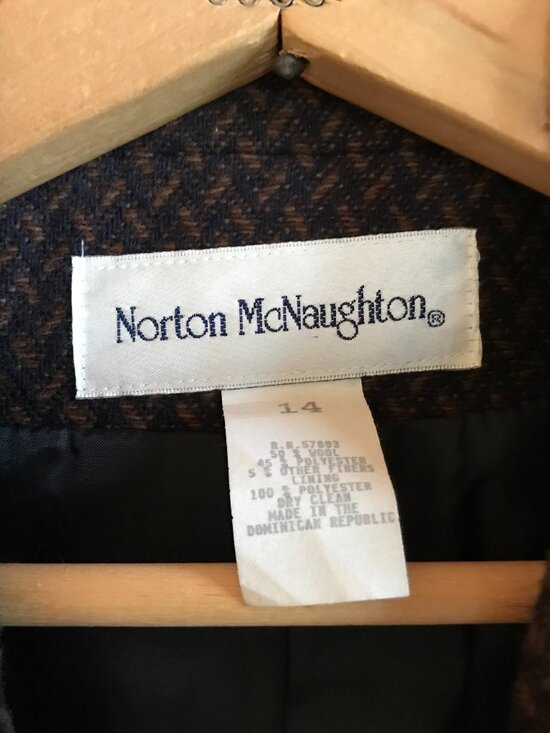 Norton McNaughton Wool Tweed Blazer: Vintage 70s Brown Herringbone, Size 14 - Picture 3 of 8